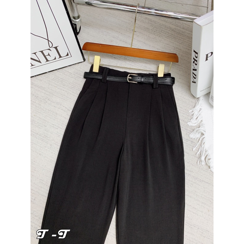 Quần vải baggy nữ kem đai