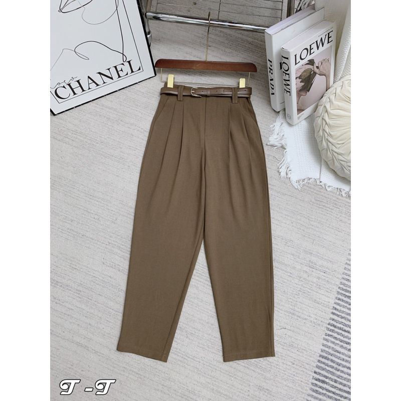 Quần vải baggy nữ kem đai