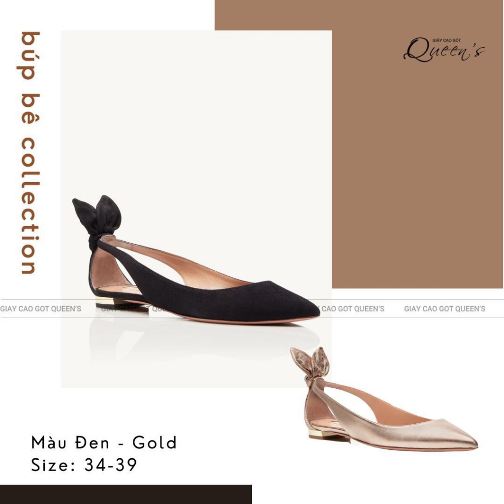 GIÀY BÚP BÊ CAO CẤP MÀU GOLD, ĐEN NƠ THỎ