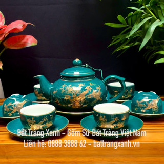 Bộ ấm trà Bát Tràng, Bộ ấm chén Phú Quý Vinh Hoa xanh Malat, bộ ấm trà xanh cổ vịt Bát tràng Xanh