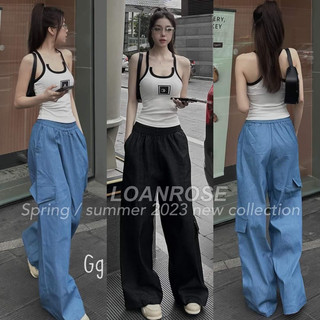 Set áo gân ba lỗ yếm viền logo vuông quần jean lụa túi hộp