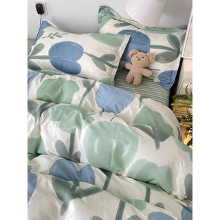 Bộ chăn ga Cotton Poly nhập khẩu chần bông mẫu Tuylip Xanh Lá