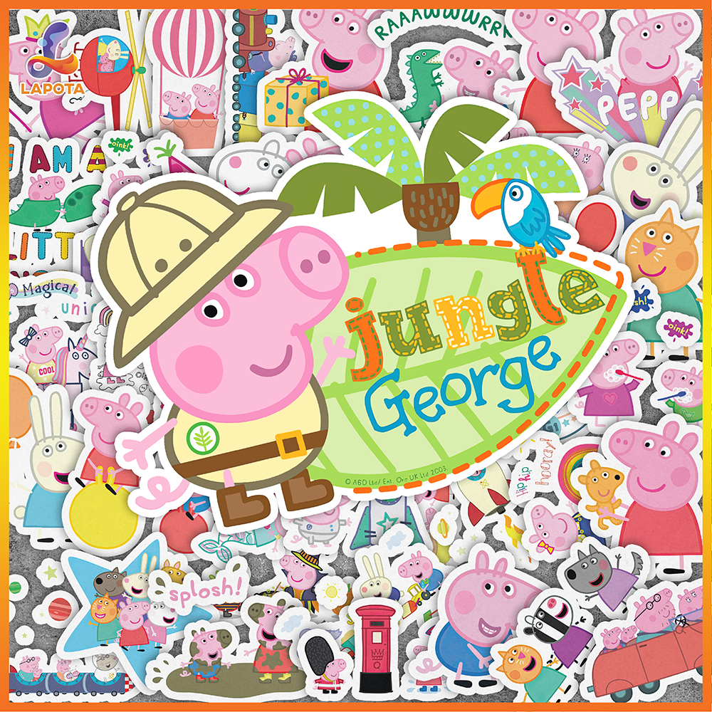Set 50 cái Sticker Peppa Pig chống nước, Hình Dán Heo Peppa, Decal heo hồng cute dán vali, laptop