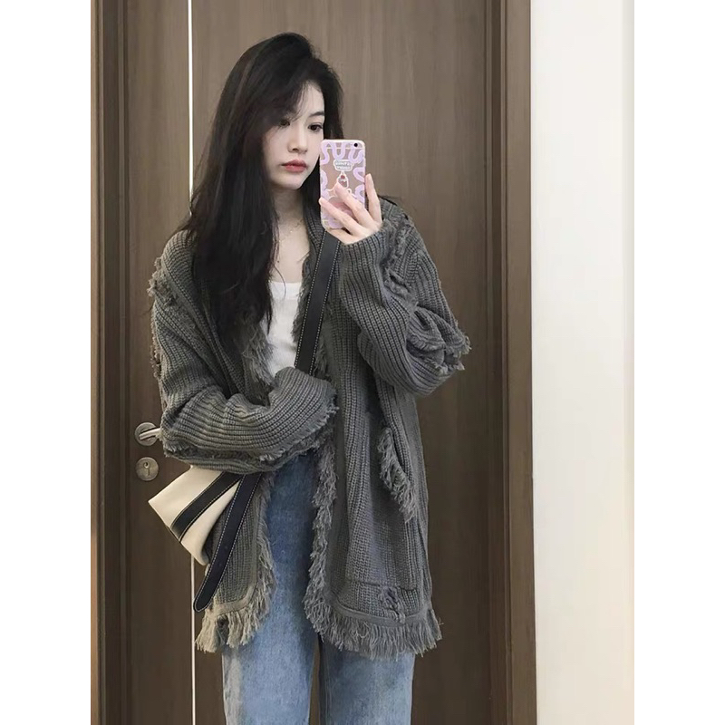 SẴN Áo cardigan len xám oversize tua rua dài tay bo gấu hottrend thu đông form rộng hàn quốc hai túi trước