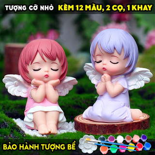 Tượng tô màu, SET 2 BÉ THIÊN THẦN CÓ CÁNH, size M, KÈM 12 MÀU 2 CỌ 1 KHAY, thạch cao trắng