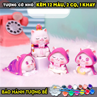 Tượng tô màu, SET 4 MÈO ÁO CHOÀNG, size M, KÈM 12 MÀU 2 CỌ 1 KHAY, thạch cao trắng