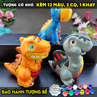 Tượng tô màu, SET 3 KHỦNG LONG NHỎ, size M, KÈM 12 MÀU 2 CỌ 1 KHAY, thạch cao trắng