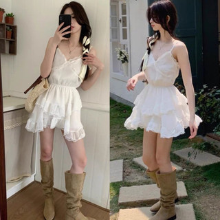 MINA DRESS Đầm 2 dây ngắn viền ren Áo khoác da chân váy xoè vạt chéo chic ulzzang SAM SAM BOUTIQUE
