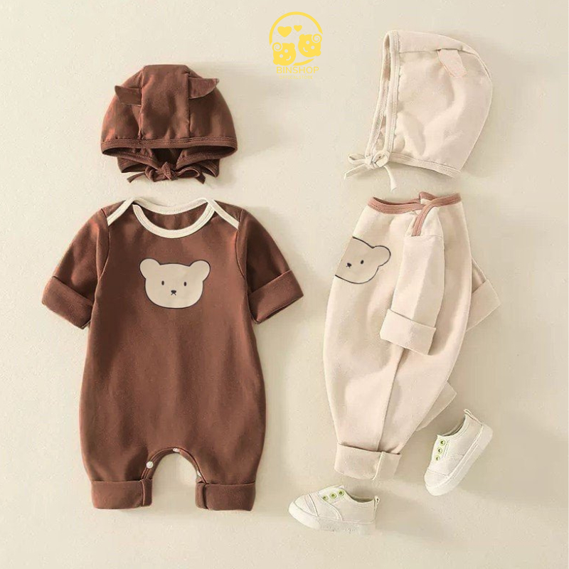 Bodysuit dài tay cho bé Hình Gấu dễ thương, body dài tay cho bé gái bé trai chất thun mẫu quần áo sơ sinh 0-12M