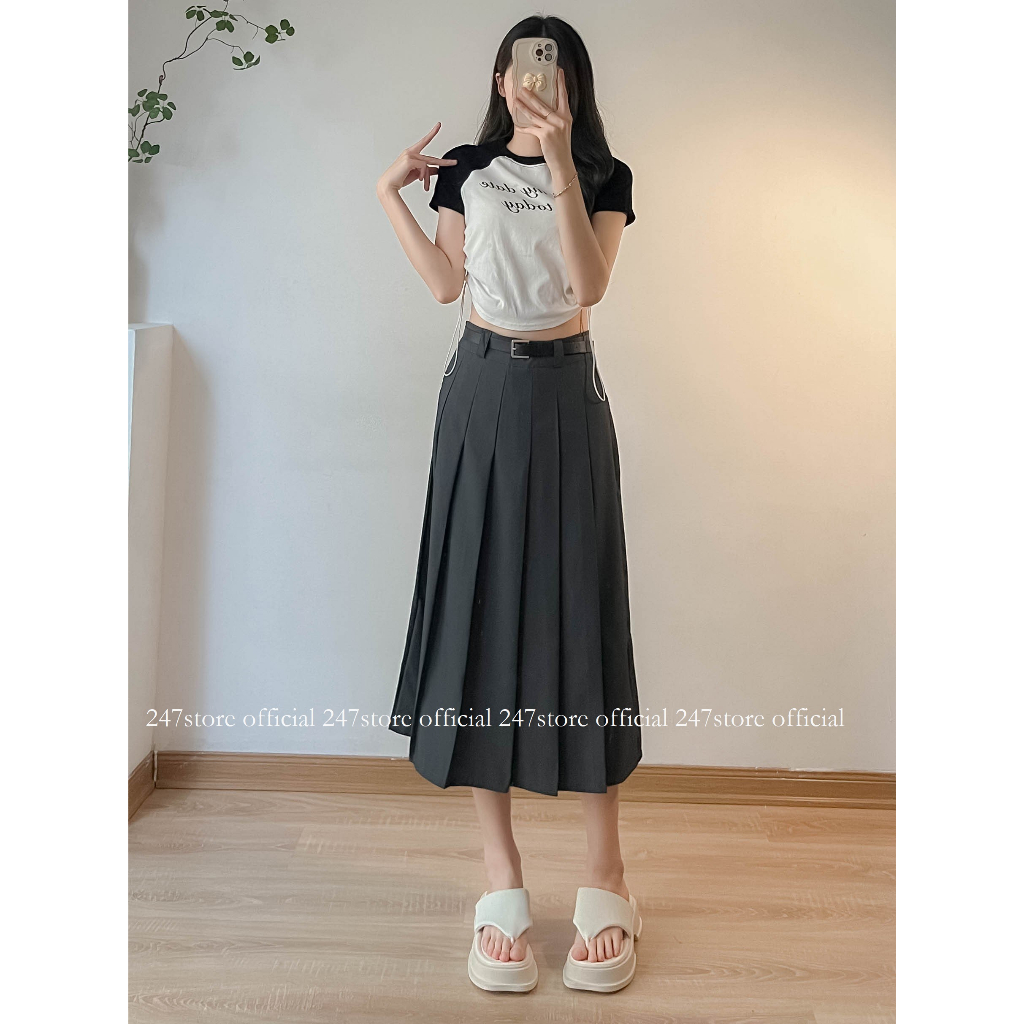 Chân váy midi công sở dáng xòe xếp ly chất ruby mềm 247store_Chanvay2955_P6K15