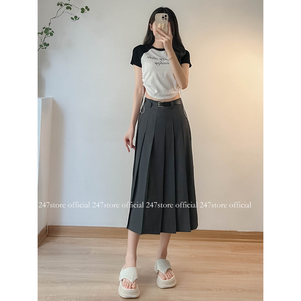 Chân váy midi công sở dáng xòe xếp ly chất ruby mềm 247store_Chanvay2955_P6K15