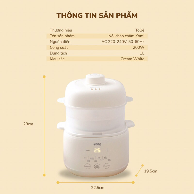 Nồi nấu cháo chậm Komi Tobé dung tích 1 lít cho bé lunakidsbaby