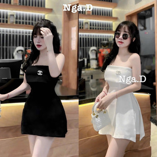Đầm ống gấp bản dáng ngắn xoè đính logo cha nèo kèm tag lin