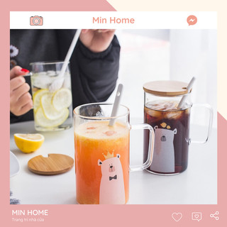  Cốc thuỷ tinh giữ nhiệt có quai uống nước hình gấu đáng yêu ly decor đẹp nhất Minhome 