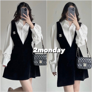 Set áo sơ mi kèm váy yếm nhung xoè 2 lớp xịn xò
