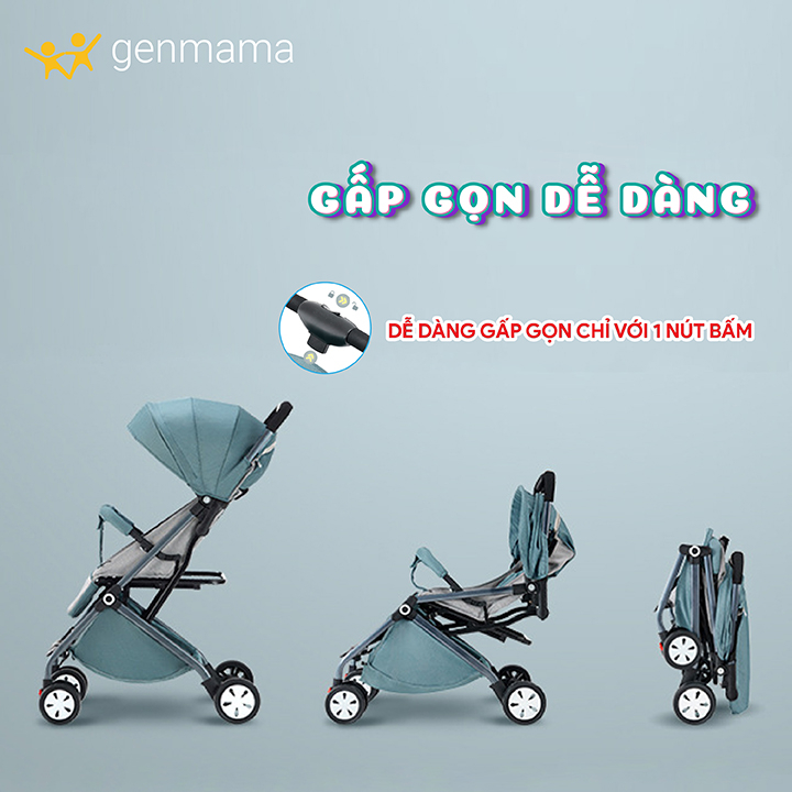 Xe Đẩy Cho Bé Gấp Gọn, Siêu Nhẹ, Giảm Xóc 4 Bánh, Ngồi, Ngả Nằm 3 Tư Thế, Có Tay Kéo Tiện Lợi Genmama