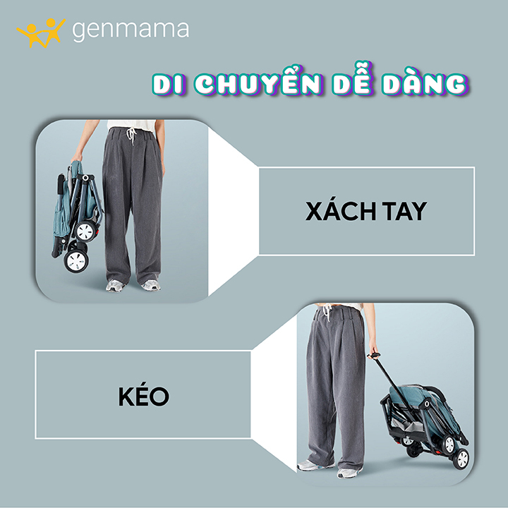 Xe Đẩy Cho Bé Gấp Gọn, Siêu Nhẹ, Giảm Xóc 4 Bánh, Ngồi, Ngả Nằm 3 Tư Thế, Có Tay Kéo Tiện Lợi Genmama