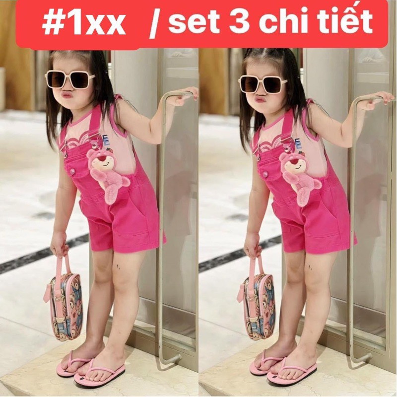 Set 3 món yếm bé gái màu hồng kèm áo phông cotton và gấu dâu đáng yêu