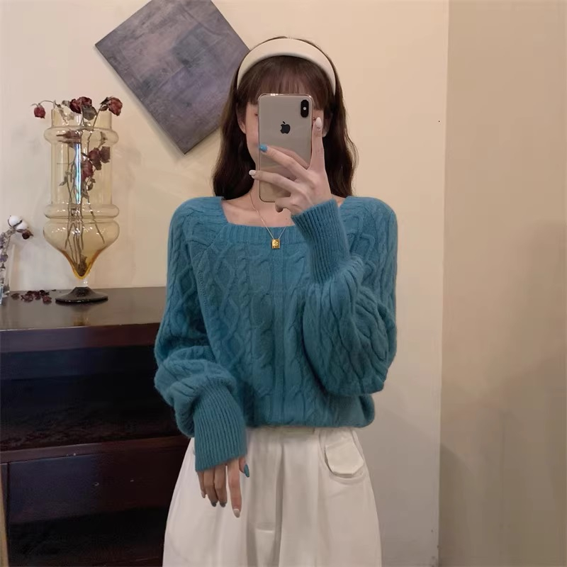 Áo len nữ cổ vuông hàng dệt kim style nhẹ nhàng hàn quôc hàng quảng châu