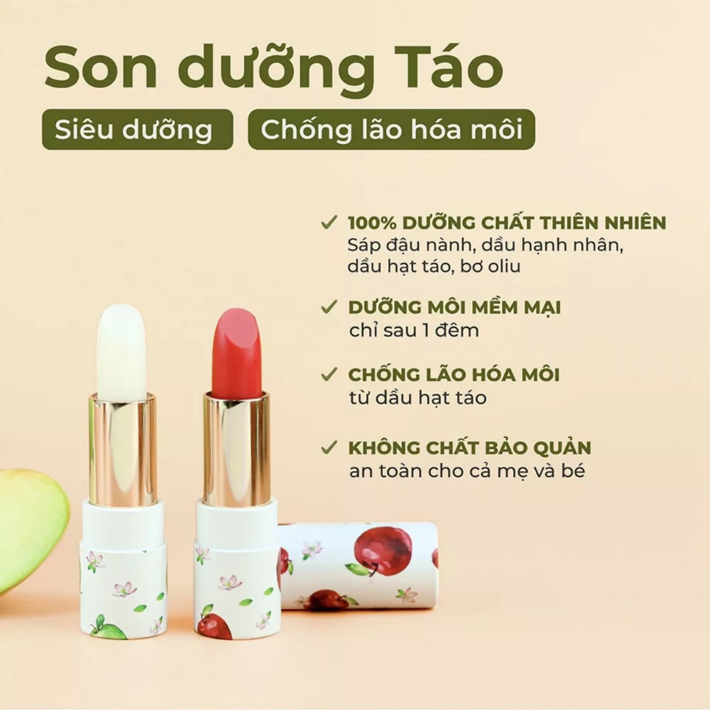 Son Dưỡng Môi Táo Hữu Cơ Thiên Nhiên Hết Khô Nẻ Chống Lão Hóa