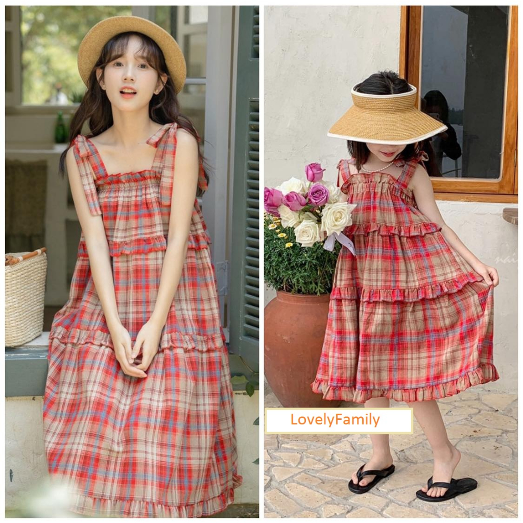 Đầm đôi mẹ và bé chất thô cotton hoạ tiết hoa hồng dễ thương