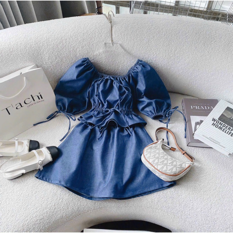 Set áo jean tay phồng + chân váy xòe