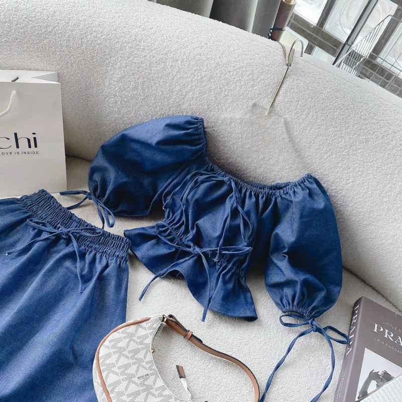 Set áo jean tay phồng + chân váy xòe
