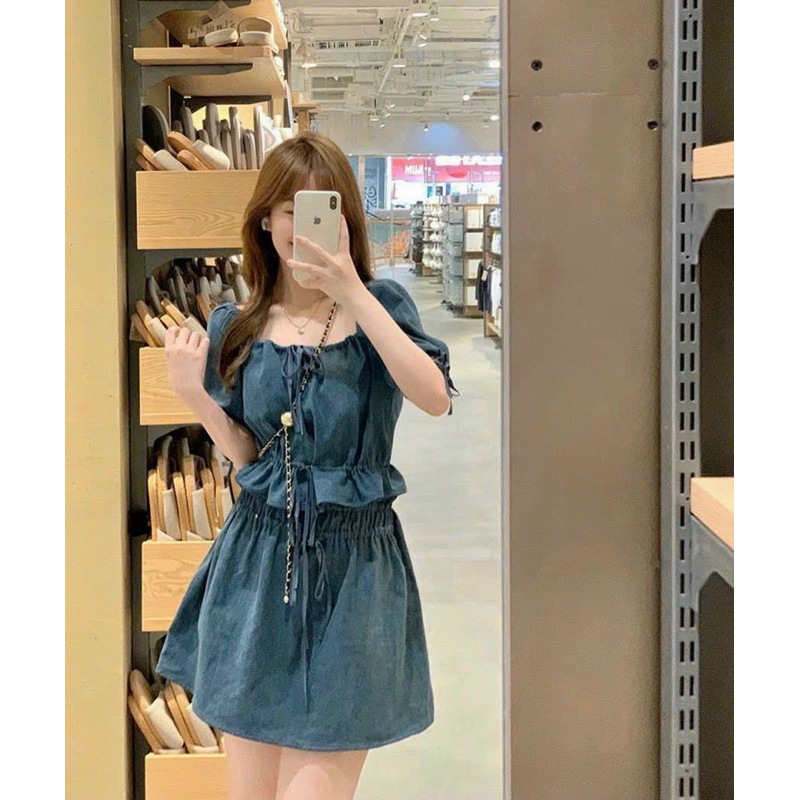 Set áo jean tay phồng + chân váy xòe