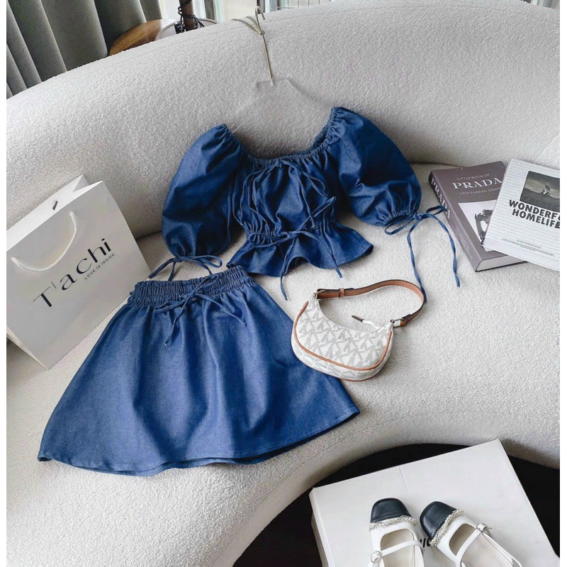 Set áo jean tay phồng + chân váy xòe