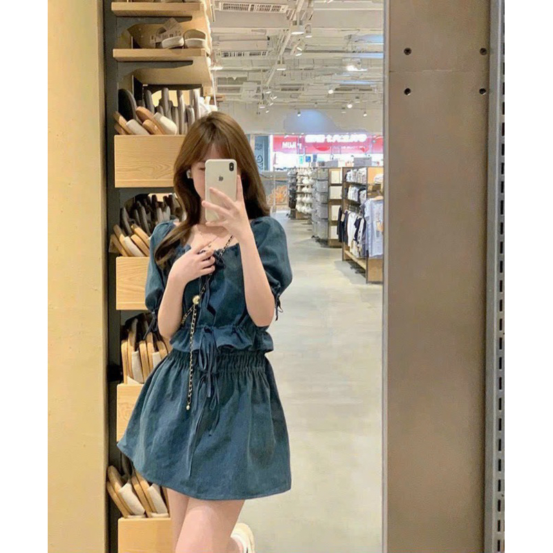 Set áo jean tay phồng + chân váy xòe