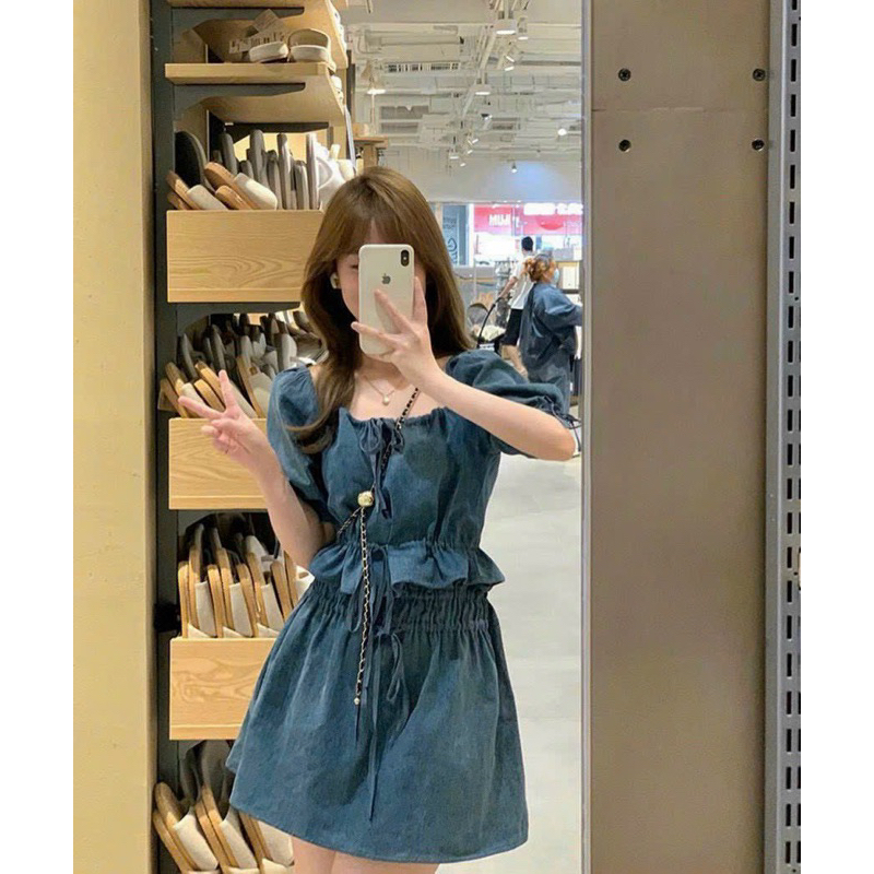 Set áo jean tay phồng + chân váy xòe
