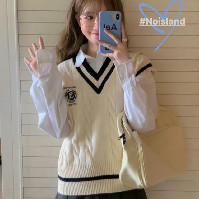 Áo len gile thêu hoạ tiết dáng lửng dễ thương phong cách học sinh Hàn Quốc