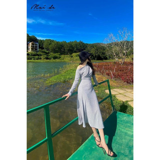 MAIDE Đầm xòe lệch vai sang trọng tone xám thanh lịch SISA DRESS
