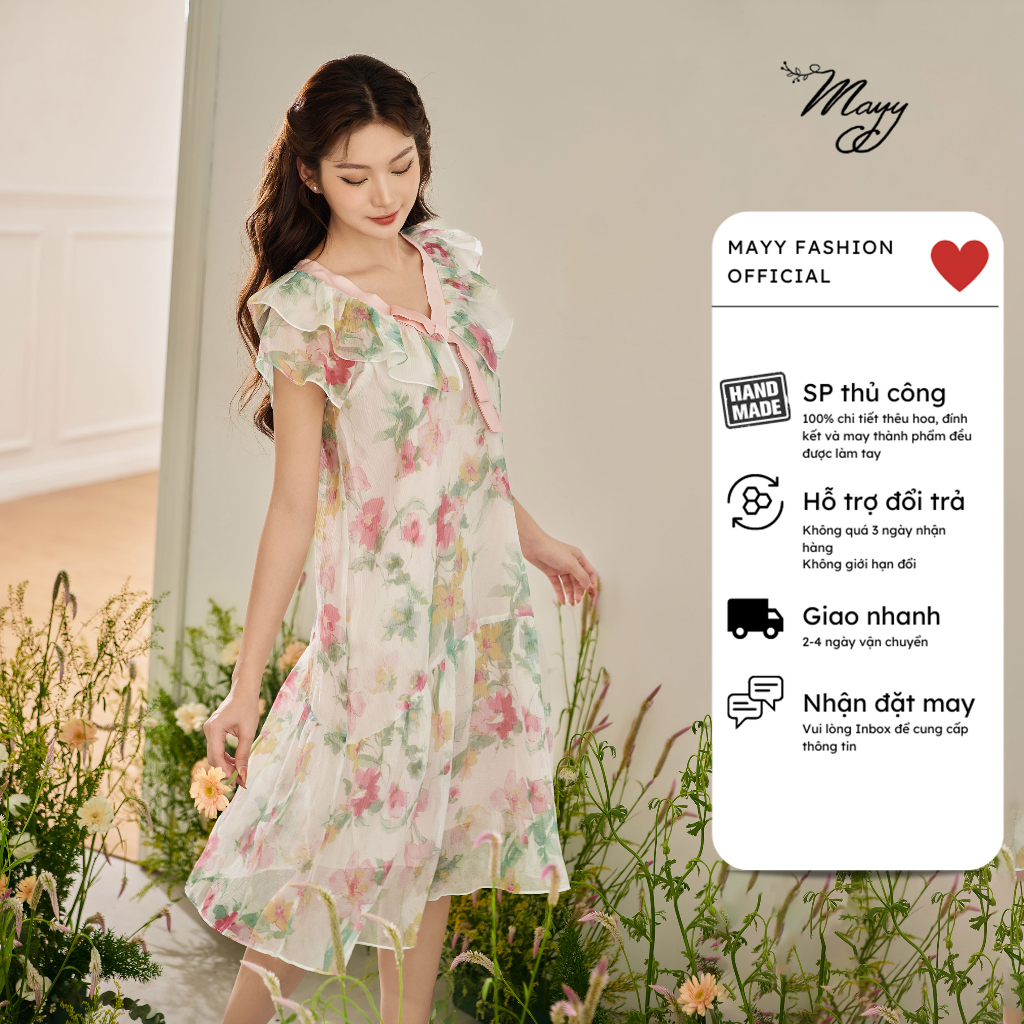 Váy hoa thiết kế MAYY FASHION vải tơ phối cổ nơ bèo Nha Trang