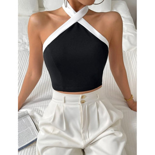 Áo croptop buộc dây chéo cổ 2 màu