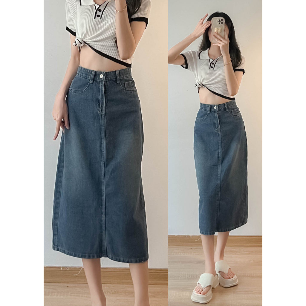 (Ảnh thật) Chân váy jeans chữ A xẻ tà phía sau - Retrostyle- Chanvayjeanxesau_P11K1