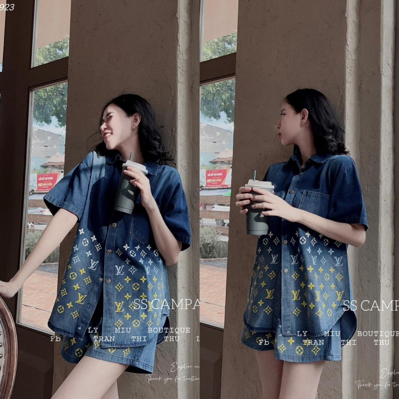 Set Bộ Áo Sơ Mi Jeans Hoạ Tiết Chữ L V Loang Màu Siêu Hot