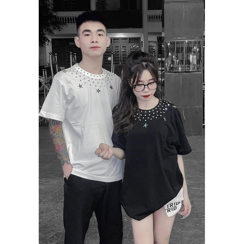 Set Áo Phông Bo Cổ Tròn Nạm Full Đá Đính Ngôi Sao Nổi Mix Chân Váy Jeans Thêu X