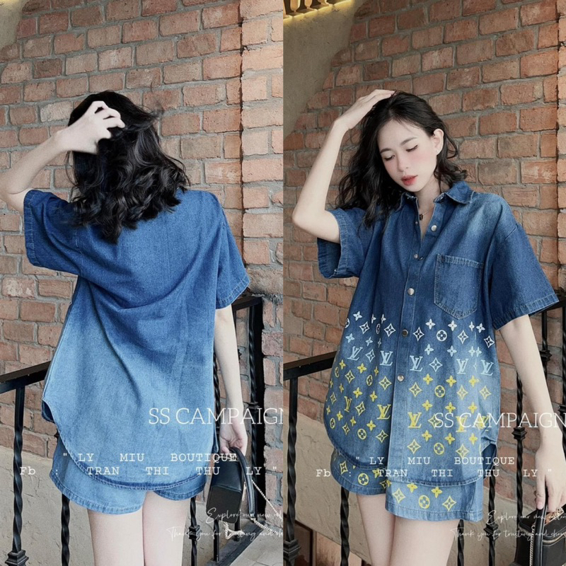 Set Bộ Áo Sơ Mi Jeans Hoạ Tiết Chữ L V Loang Màu Siêu Hot