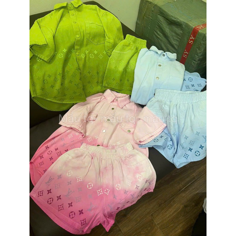 Set Bộ Áo Sơ Mi Jeans Hoạ Tiết Chữ L V Loang Màu Siêu Hot