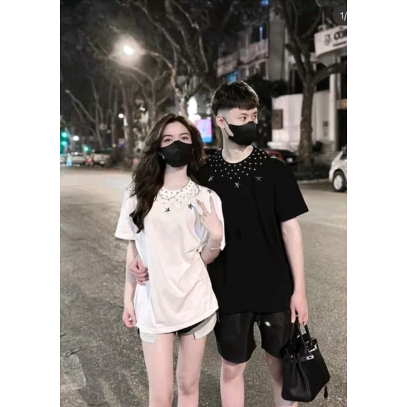 Set Áo Phông Bo Cổ Tròn Nạm Full Đá Đính Ngôi Sao Nổi Mix Chân Váy Jeans Thêu X