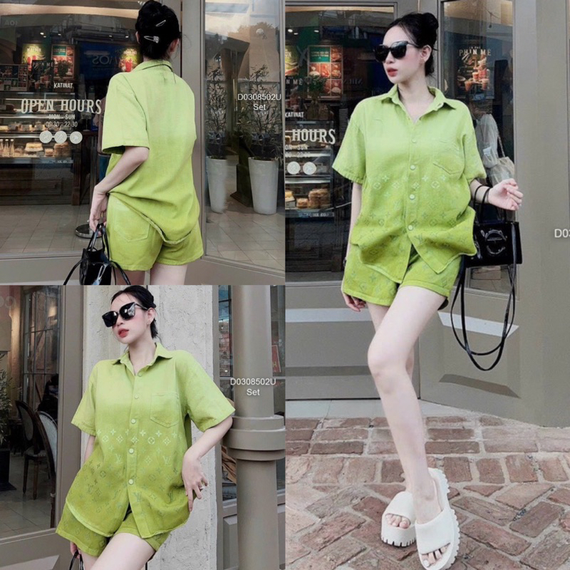 Set Bộ Áo Sơ Mi Jeans Hoạ Tiết Chữ L V Loang Màu Siêu Hot