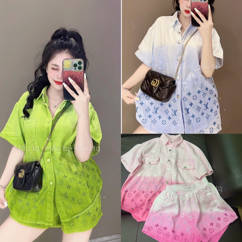 Set Bộ Áo Sơ Mi Jeans Hoạ Tiết Chữ L V Loang Màu Siêu Hot