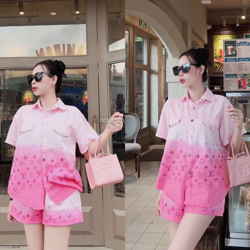 Set Bộ Áo Sơ Mi Jeans Hoạ Tiết Chữ L V Loang Màu Siêu Hot