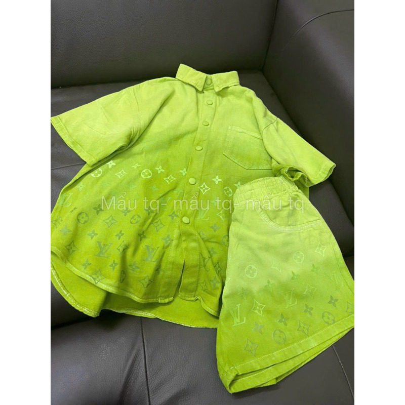 Set Bộ Áo Sơ Mi Jeans Hoạ Tiết Chữ L V Loang Màu Siêu Hot