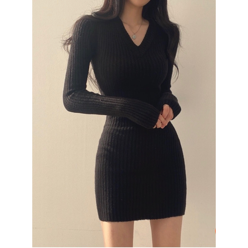 Váy len body dáng ôm, váy len dáng lửng dài tay