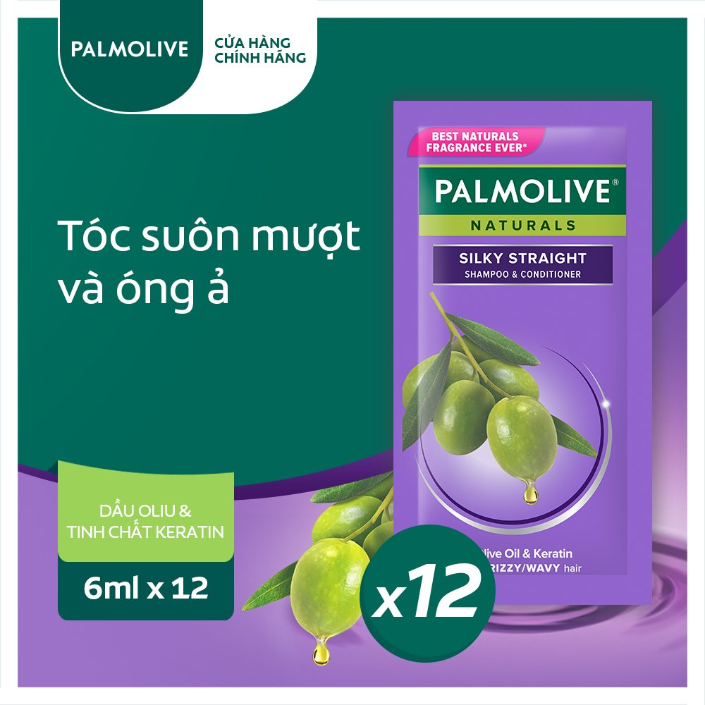 Bộ 12 gói Dầu gội Palmolive kèm dầu xả 2in1 Suôn Mượt Óng Ả từ Keratin và dầu Oliu 6g x 12