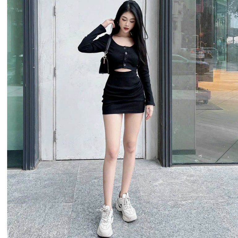 Đầm váy body nữ tay dài khoét bụng mix dáng váy nhún mông tôn dáng dành cho các tình yêu đi chơi, hẹn hò siêu xinh.