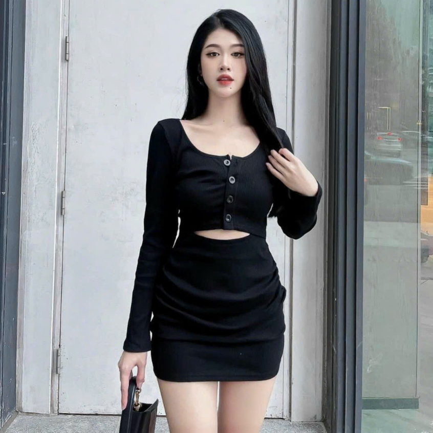 Đầm váy body nữ tay dài khoét bụng mix dáng váy nhún mông tôn dáng dành cho các tình yêu đi chơi, hẹn hò siêu xinh.