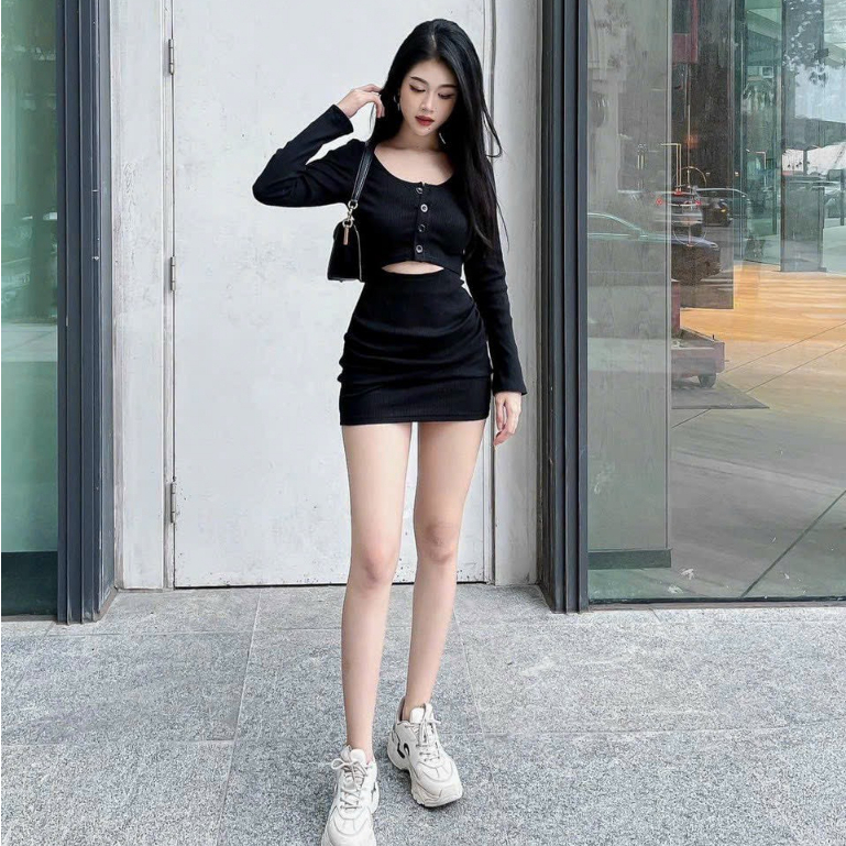 Đầm váy body nữ tay dài khoét bụng mix dáng váy nhún mông tôn dáng dành cho các tình yêu đi chơi, hẹn hò siêu xinh.